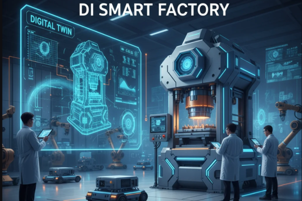 Ilustrasi Digital Twin mesin press industri yang terhubung ke sistem Smart Factory berbasis data.