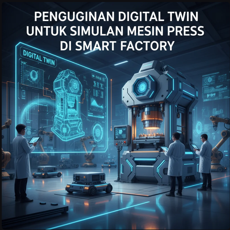 Ilustrasi Digital Twin mesin press industri yang terhubung ke sistem Smart Factory berbasis data.