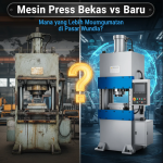 Pabrik modern dengan mesin press industri besar sedang beroperasi di bawah cahaya biru teknologi.