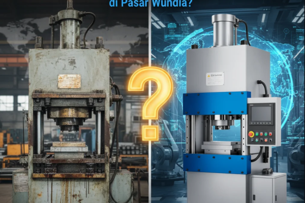 Pabrik modern dengan mesin press industri besar sedang beroperasi di bawah cahaya biru teknologi.