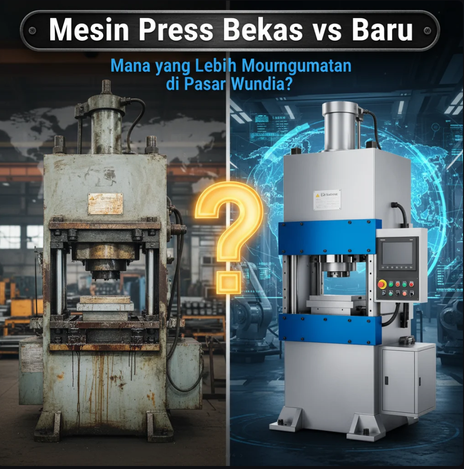 Pabrik modern dengan mesin press industri besar sedang beroperasi di bawah cahaya biru teknologi.
