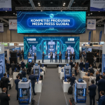 Pabrik manufaktur modern dengan mesin press servo otomatis dan operator memantau dashboard digital.