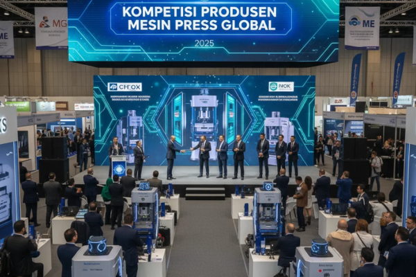 Pabrik manufaktur modern dengan mesin press servo otomatis dan operator memantau dashboard digital.