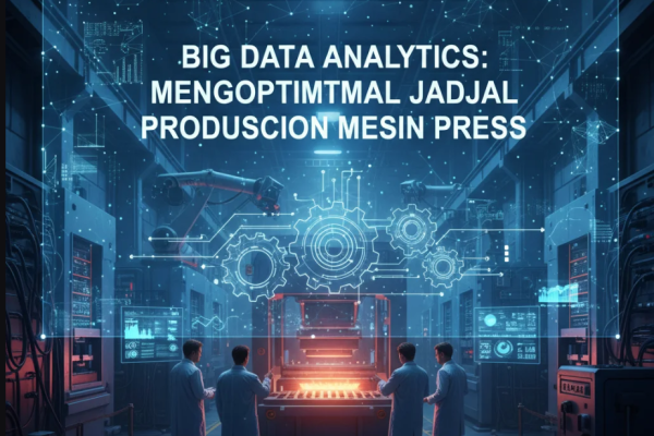 Tampilan data analitik industri dengan mesin press dan grafik performa produksi.