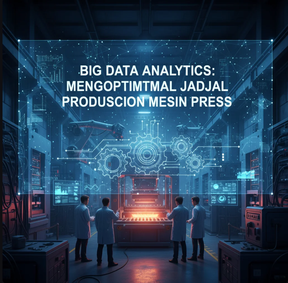 Tampilan data analitik industri dengan mesin press dan grafik performa produksi.