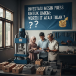 Pengusaha UMKM sedang mengoperasikan mesin press modern di pabrik kecil dengan latar peralatan industri.