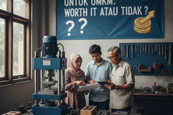 Pengusaha UMKM sedang mengoperasikan mesin press modern di pabrik kecil dengan latar peralatan industri.