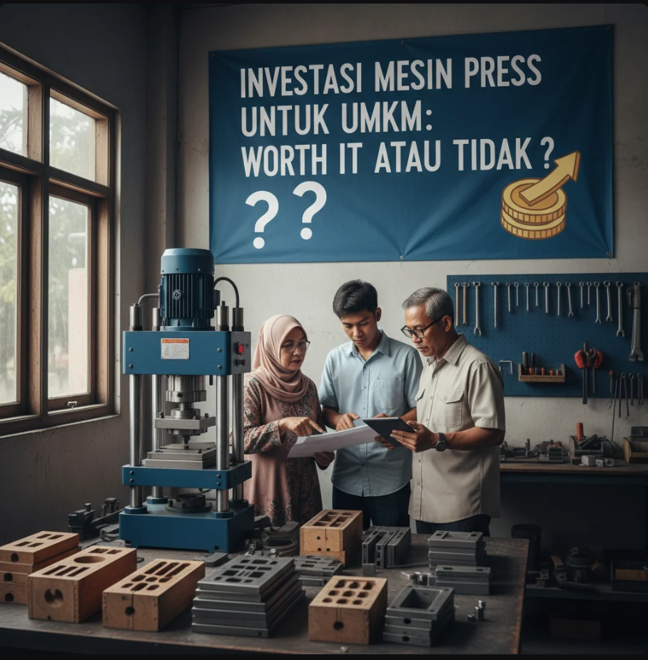 Pengusaha UMKM sedang mengoperasikan mesin press modern di pabrik kecil dengan latar peralatan industri.