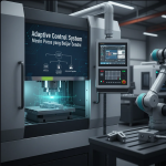 Ilustrasi mesin press modern dengan sistem kontrol adaptif dan sensor digital.