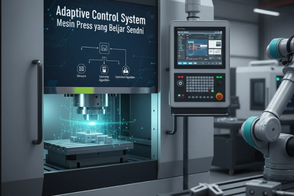 Ilustrasi mesin press modern dengan sistem kontrol adaptif dan sensor digital.