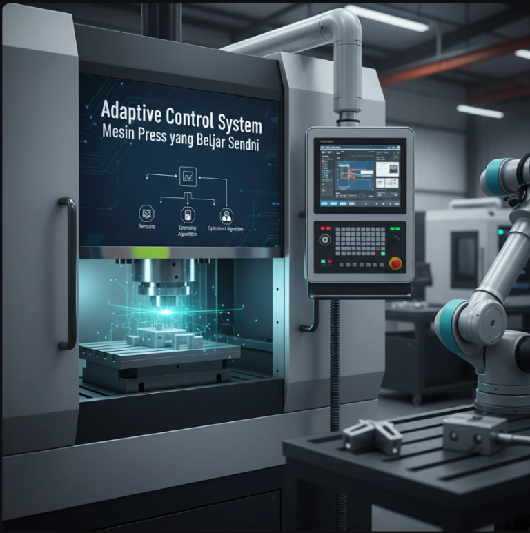 Ilustrasi mesin press modern dengan sistem kontrol adaptif dan sensor digital.