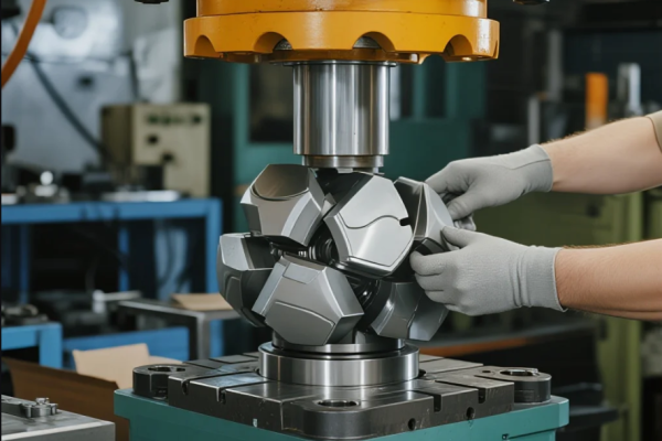 Ilustrasi mesin press modern yang digunakan dalam proses circular manufacturing.