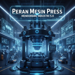 Mesin press modern di pabrik otomatis dengan cahaya biru futuristik dan operator manusia di depan panel digital