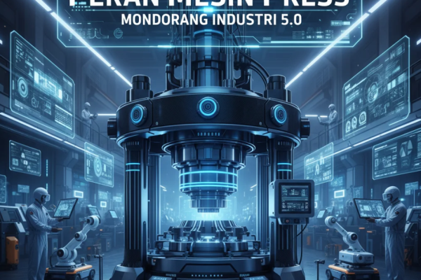 Mesin press modern di pabrik otomatis dengan cahaya biru futuristik dan operator manusia di depan panel digital