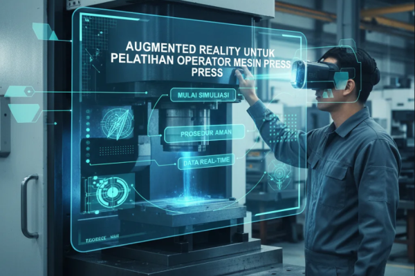 Operator mesin press menggunakan headset AR untuk pelatihan interaktif.
