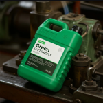 Ilustrasi pelumas ramah lingkungan dengan mesin industri modern