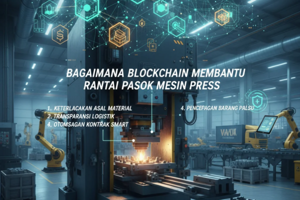 Ilustrasi jaringan blockchain yang terhubung dengan mesin press dan rantai pasok industri.