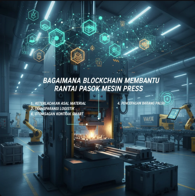Ilustrasi jaringan blockchain yang terhubung dengan mesin press dan rantai pasok industri.