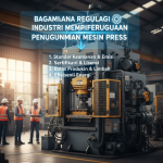 Operator memeriksa mesin press di pabrik modern dengan panel kontrol digital dan lampu keamanan.