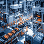 Pabrik baterai lithium dengan mesin press industri yang memproses lembaran elektroda, suasana cleanroom modern