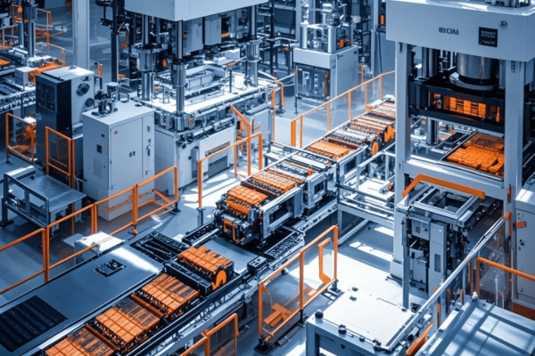 Pabrik baterai lithium dengan mesin press industri yang memproses lembaran elektroda, suasana cleanroom modern