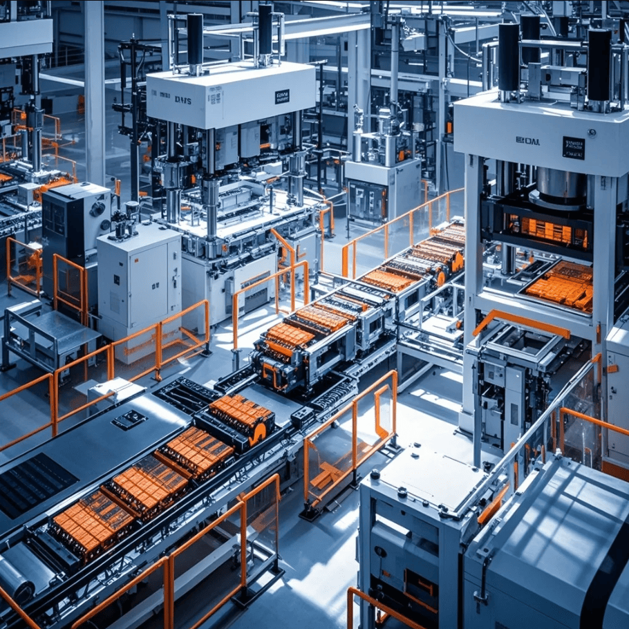 Pabrik baterai lithium dengan mesin press industri yang memproses lembaran elektroda, suasana cleanroom modern