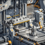 Operator melakukan pengecekan mesin press dan lembaran material di area produksi