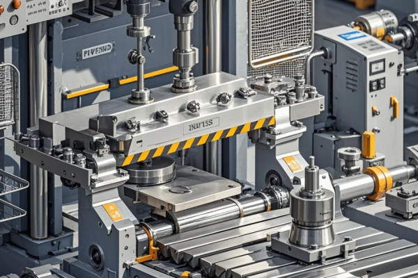 Operator melakukan pengecekan mesin press dan lembaran material di area produksi