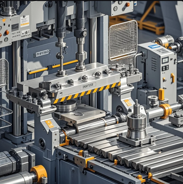 Operator melakukan pengecekan mesin press dan lembaran material di area produksi