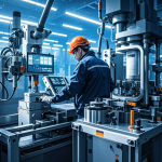 Operator mesin press memantau panel HMI digital di pabrik modern dengan sensor dan robot kolaboratif di sekitar