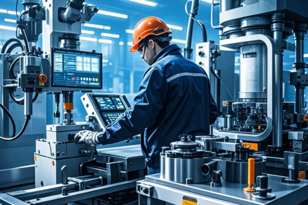 Operator mesin press memantau panel HMI digital di pabrik modern dengan sensor dan robot kolaboratif di sekitar