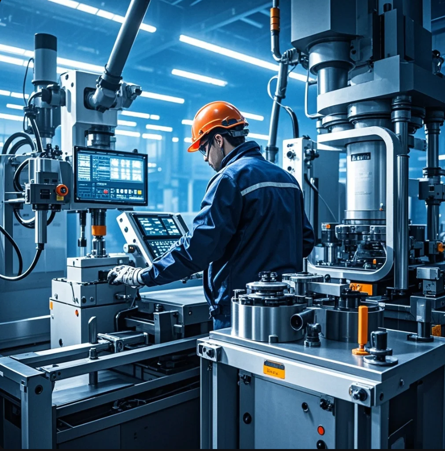 Operator mesin press memantau panel HMI digital di pabrik modern dengan sensor dan robot kolaboratif di sekitar