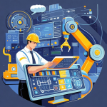 Teknisi manufaktur memegang tablet dengan dashboard mesin, di belakangnya terlihat sensor IoT dan panel kontrol pabrik.