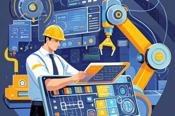 Teknisi manufaktur memegang tablet dengan dashboard mesin, di belakangnya terlihat sensor IoT dan panel kontrol pabrik.