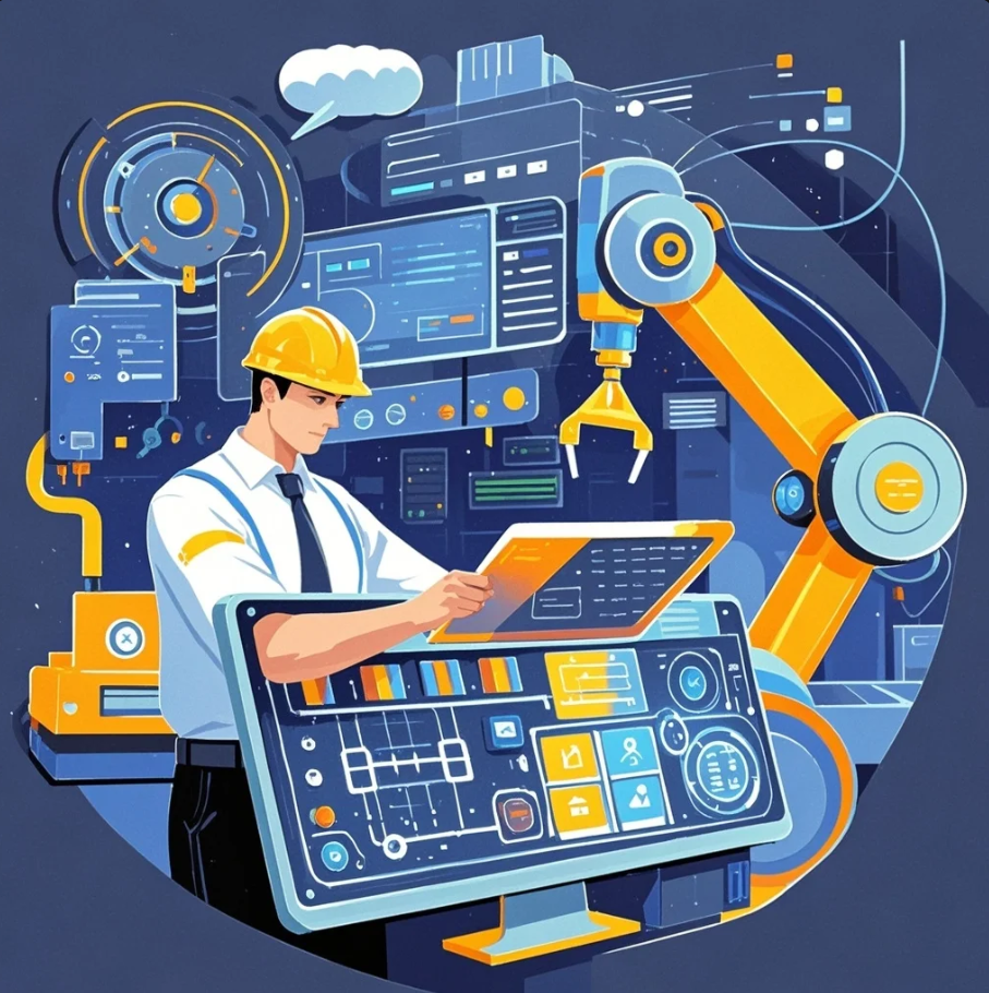 Teknisi manufaktur memegang tablet dengan dashboard mesin, di belakangnya terlihat sensor IoT dan panel kontrol pabrik.