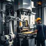 Operator bekerja di dekat mesin press sementara cobot melakukan pick-and-place dengan safety sensor dan light curtain