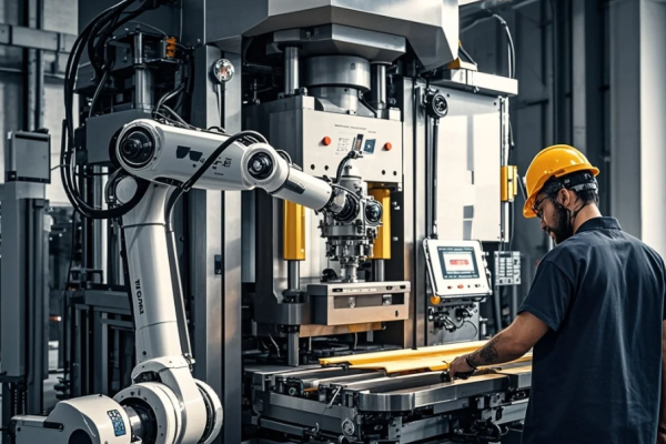 Operator bekerja di dekat mesin press sementara cobot melakukan pick-and-place dengan safety sensor dan light curtain