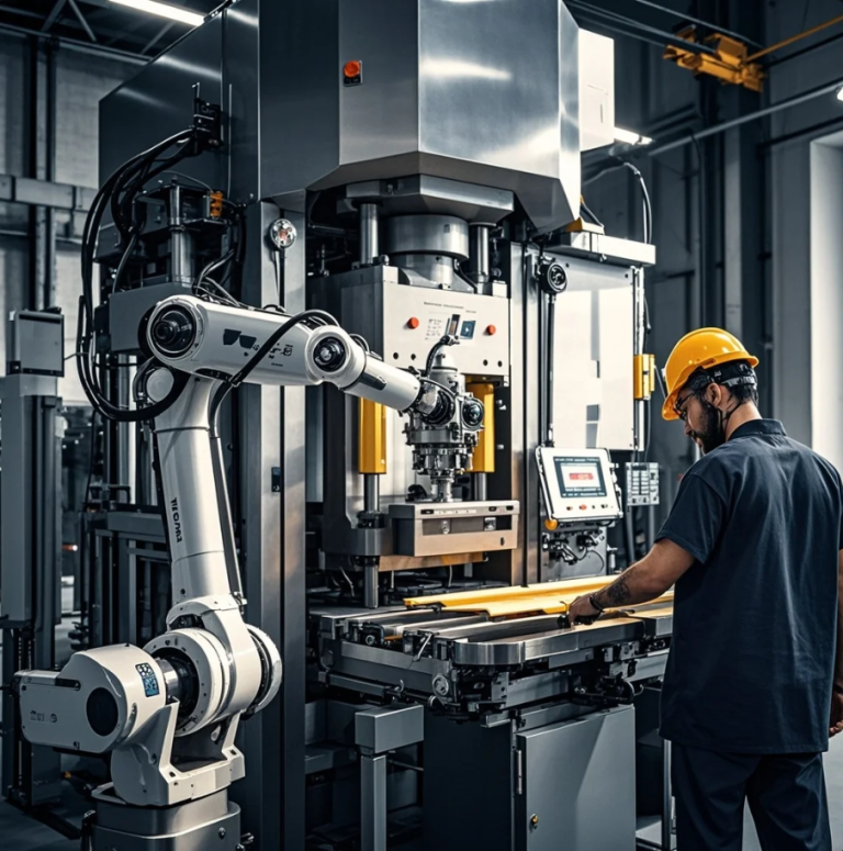 Operator bekerja di dekat mesin press sementara cobot melakukan pick-and-place dengan safety sensor dan light curtain