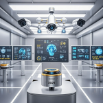 Pekerja di pabrik memakai helm dan rompi safety, dengan overlay ikon sensor AI dan dashboard monitoring keselamatan.