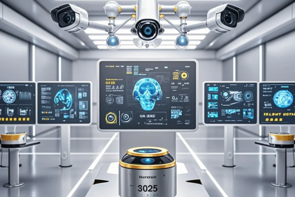 Pekerja di pabrik memakai helm dan rompi safety, dengan overlay ikon sensor AI dan dashboard monitoring keselamatan.