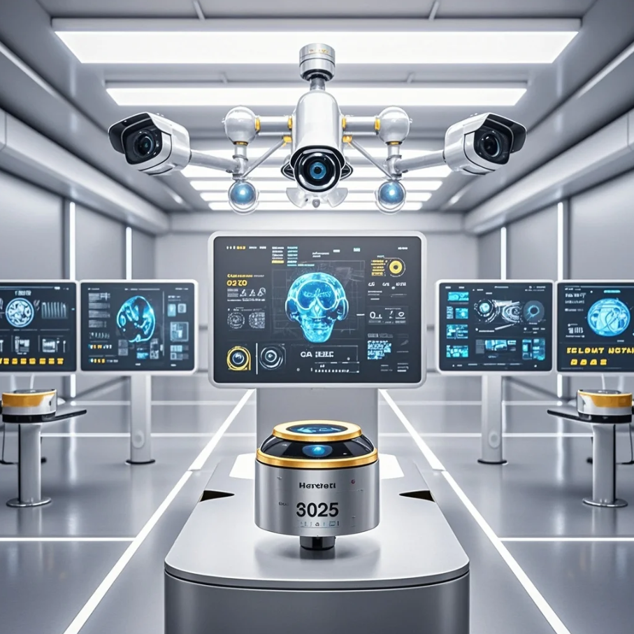 Pekerja di pabrik memakai helm dan rompi safety, dengan overlay ikon sensor AI dan dashboard monitoring keselamatan.