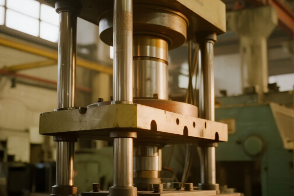 Mesin press industri membentuk komponen kendaraan listrik di pabrik modern