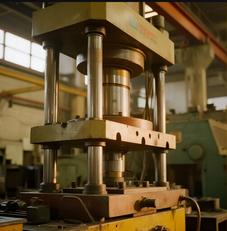 Mesin press industri membentuk komponen kendaraan listrik di pabrik modern