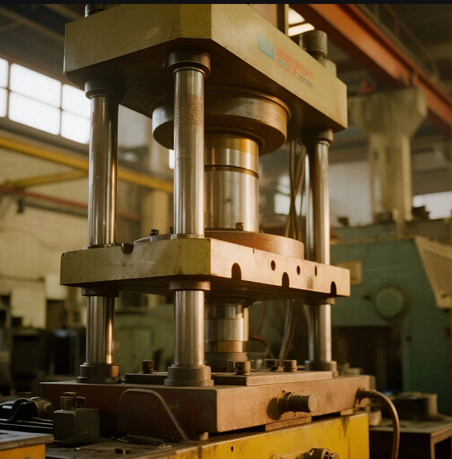 Mesin press industri membentuk komponen kendaraan listrik di pabrik modern