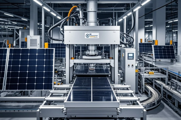 Mesin press industri membentuk komponen rangka panel surya di pabrik modern.