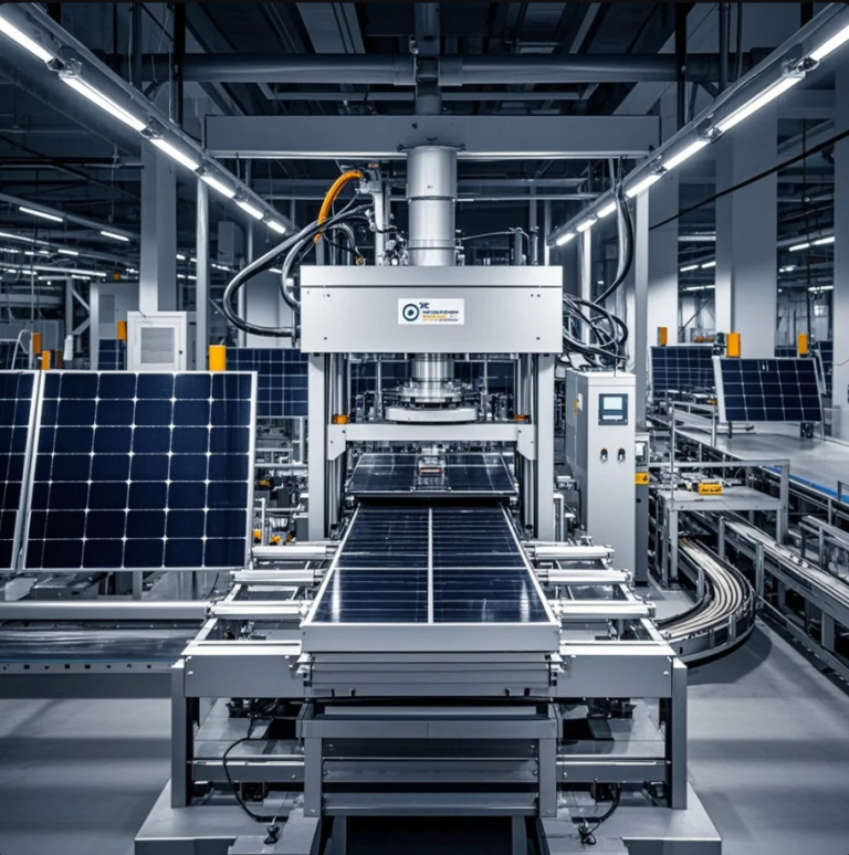 Mesin press industri membentuk komponen rangka panel surya di pabrik modern.