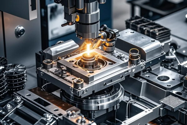 Mesin press presisi ultra-tinggi membentuk komponen logam aerospace di pabrik bersih dan modern