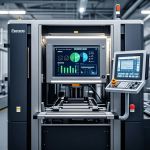 Ilustrasi dashboard digital mesin press dengan grafik performa, indikator efisiensi, dan operator memantau data real-time