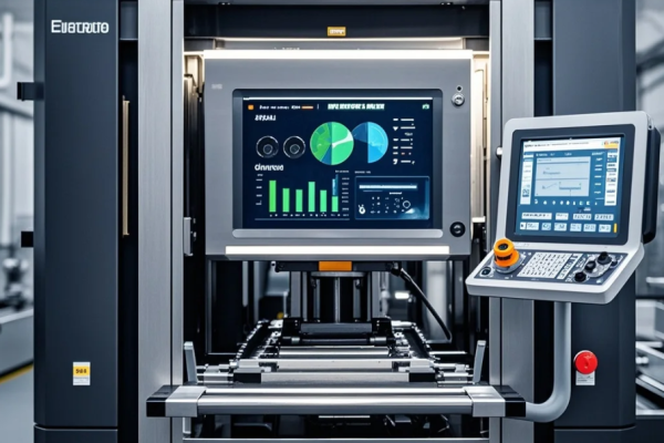 Ilustrasi dashboard digital mesin press dengan grafik performa, indikator efisiensi, dan operator memantau data real-time