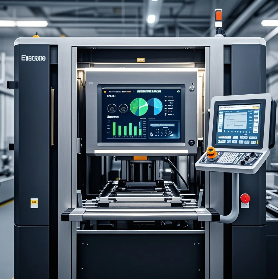 Ilustrasi dashboard digital mesin press dengan grafik performa, indikator efisiensi, dan operator memantau data real-time